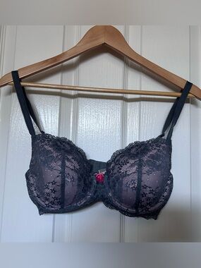 EUC Victoria's Secret Dream Angles - Charcoal Gray Lace Bra with Pink Bow - 32DD